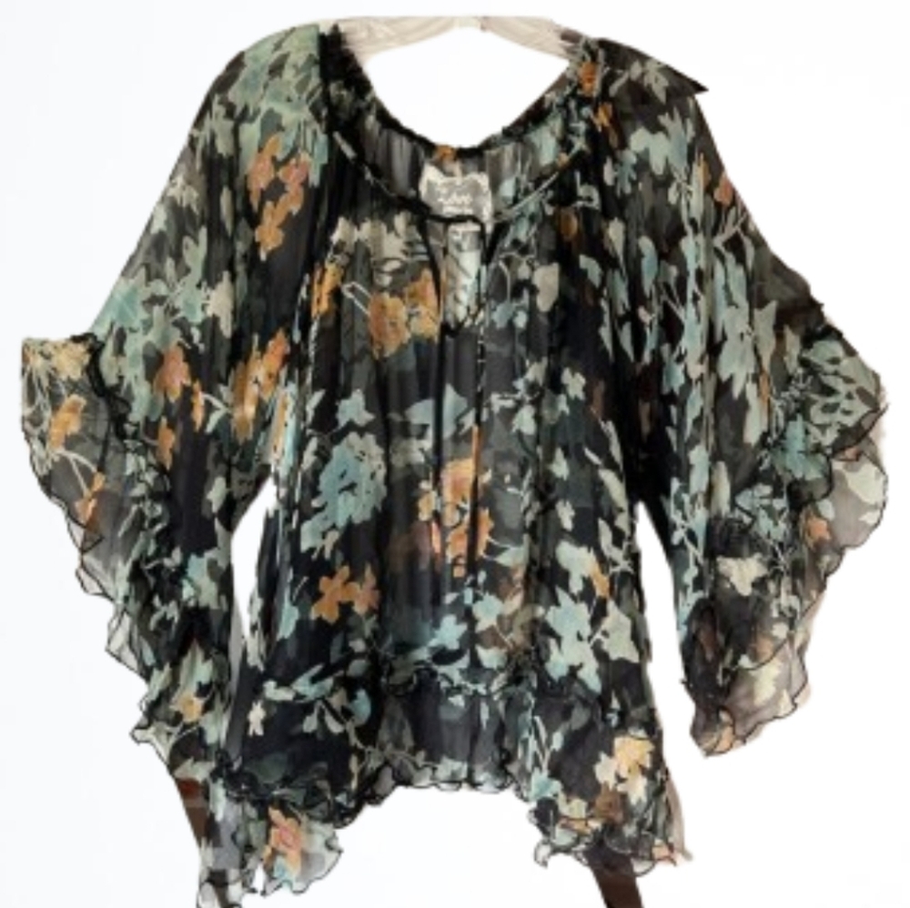 JOHNNY WAS Lindsay Flowy Floral Shear Silk Top Black Teal NWT - Picture 9 of 16